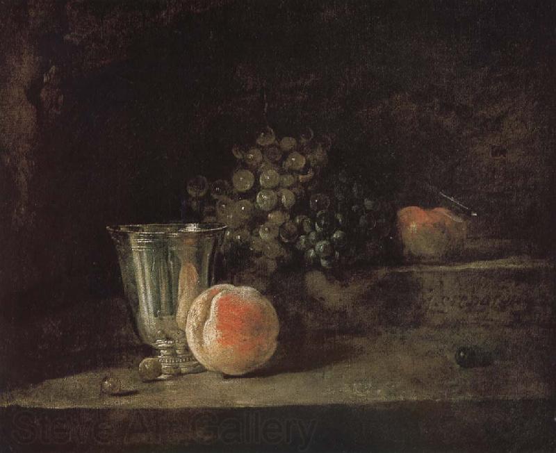 Jean Baptiste Simeon Chardin Silver peach red wine grapes and apple Spain oil painting art